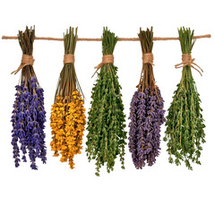 Dried Herb Bunches Hanging on Rustic Wood Purple Lavender, Yellow Flowers, and Green Thyme