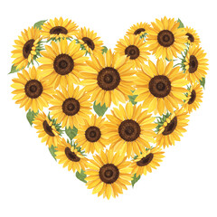 Heart shaped arrangement of numerous sunflowers with green leaves on transparent background. Detailed illustration of yellow sunflowers forming a heart shape.  Vibrant colors and intricate details.