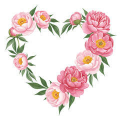 Pink and White Peonies in Heart Shape on Transparent Background