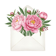 Pink peonies overflowing from a white envelope against a transparent background. Watercolor style illustration, perfect for wedding invitations or romantic designs. Soft, delicate floral arrangement.