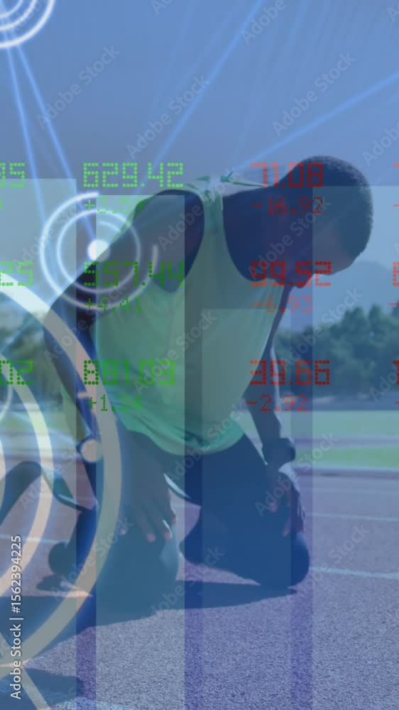 Poster animation of digital data processing over disabled male athlete with running blades on running track