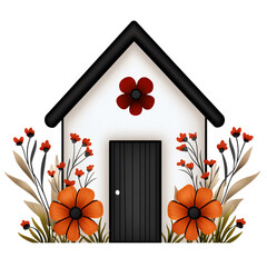 White house illustration with dark gray roof and door, surrounded by orange and red flowers and plants on a transparent background. The house features a single red flower above the door. 