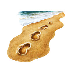 Footprints in the sand leading to an ocean wave. Light tan sand with clearly defined footprints, digitally painted style.  Transparent background.