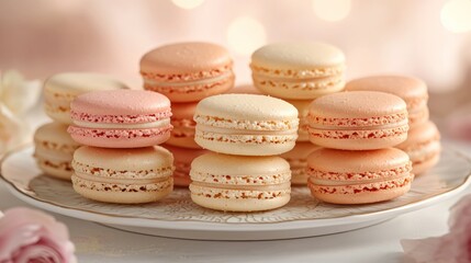 Pastel macarons on plate, bokeh background, dessert, food photography