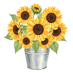 Watercolor Sunflowers in a Metal Bucket