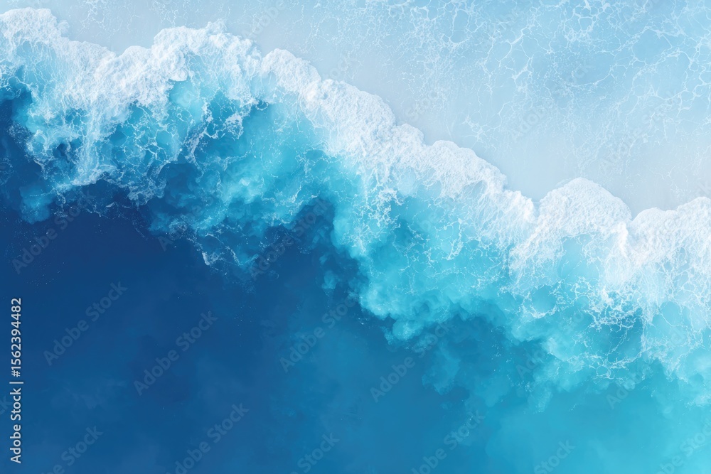 Poster drone-view overhead of interlocking water texture forms in deep ocean blue merging on white canvas
