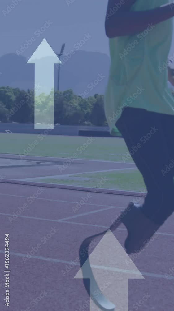 Poster animation of arrows pointing up over disabled male athlete with running blades on running track