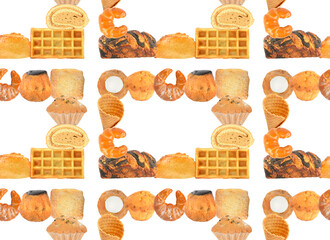 Seamless pattern sweet tasty pastries isolated on white
