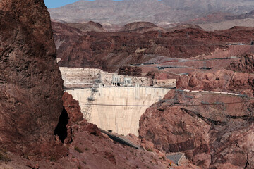 Hoover Dam. View of the dam. Mountains are clearly visible in the background