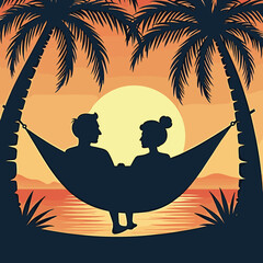 Couple relaxing in hammock under palm trees at sunset  