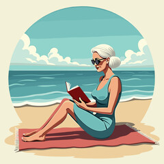 Senior woman reading a book while sitting on a beach mat by the ocean  