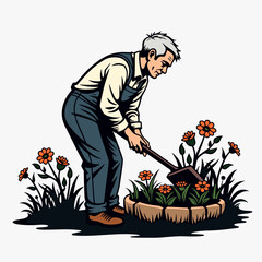 Elderly man gardening and planting flowers in backyard garden  