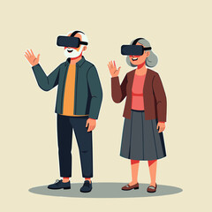 Elderly couple waving while using virtual reality headsets indoors  