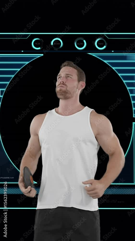 Poster animation of male discus thrower with scope scanning and data processing