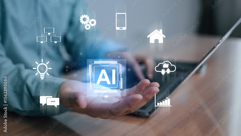 Poster concept ai icon surrounded by smart technology symbols, illustrating the integration of artificial i