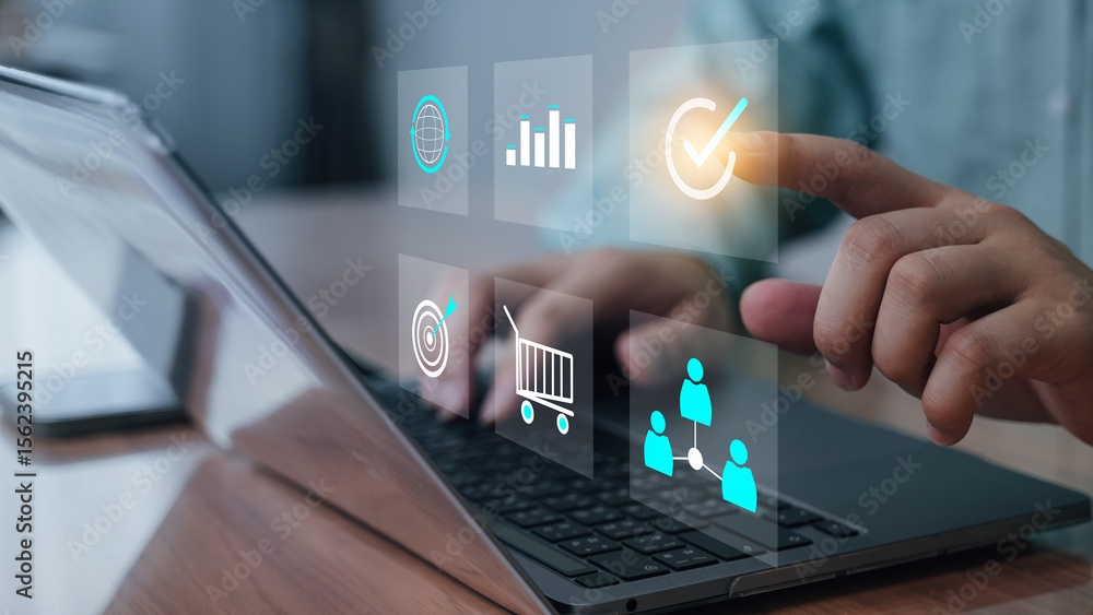 Poster hand and laptop with a futuristic virtual interface, touching digital icons such as data analytics, 
