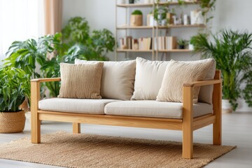 Modern minimalist wooden sofa in bright living room with indoor plants and neutral decor.