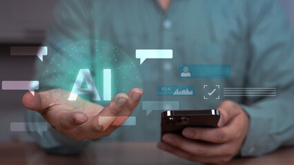 AI text and digital elements projected above a smartphone, held in hand, representing artificial...