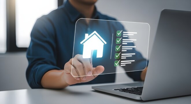 Digital home selection interface showing checklist completion for smart real estate management, virtual housing approval, and property analysis technology