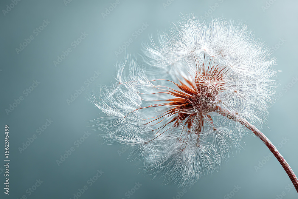 Poster a close-up view of a dandelion seed head showcasing its fragile structure in calming blue tones