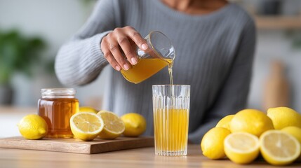 Female adult preparing fresh lemon and honey drink in modern kitchen.