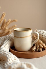 Cozy Autumn Still Life with Beige Coffee Cup, Rustic Wooden Tray, Cream Blanket, and Dried Wheat on Neutral Background