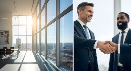 Fototapeta premium Two businessmen sealing a deal with a handshake in a modern office, a symbol of partnership, success, and collaboration. The bright office with a beautiful view reflects professional environment. 