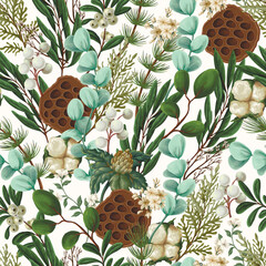 Vector Christmas seamless pattern with greenery pods cotton and berries