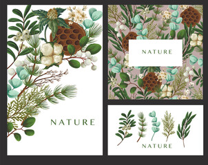 Vector Christmas botanical cards with cotton leaves berries and greenery