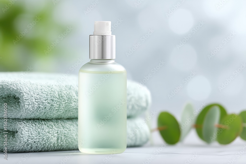 Poster bottle of refreshing facial mist placed on folded towel in serene spa setting