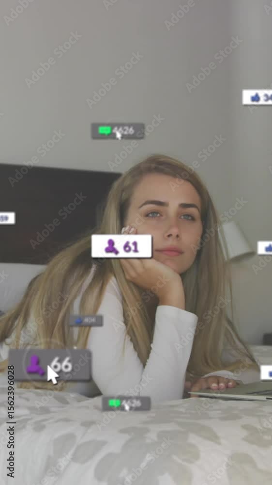 Poster animation of network social media icons over smiling relaxing on bed using laptop