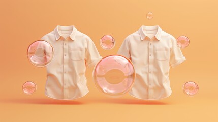 3d rendering of white casual shirts in clean water with bubbles and detergent molecules