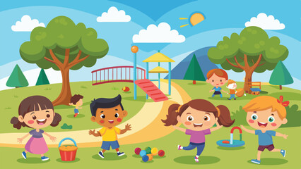 Cheerful Children Playing at a Park Playground with Trees and Sunny Sky Illustration