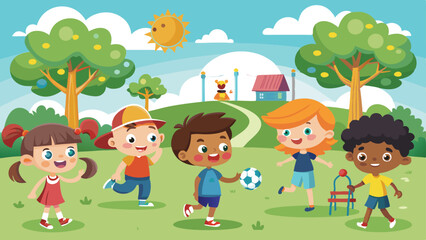 Cartoon Illustration of Children Playing Soccer and Other Games in a Park Setting