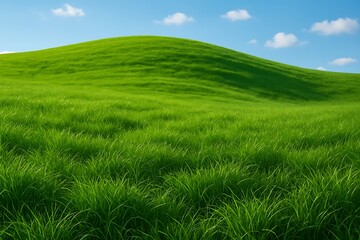 Naklejka premium Vibrant green hillside with lush grass under a bright blue sky and scattered clouds creating a peaceful and serene landscape ideal for nature outdoor and countryside themes background image