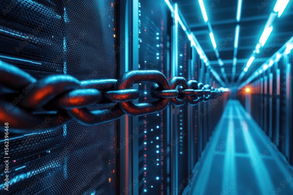 Poster data processing chain linking servers in a modern server room with futuristic lighting, data process