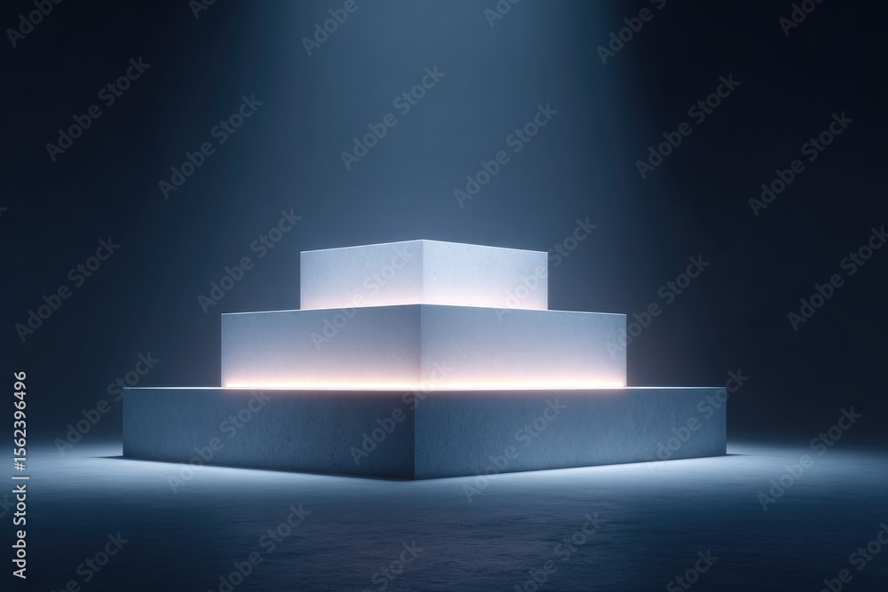 Aufkleber compact podium built as concentric squares with fine detail under warm spotlight on dark floor with 
