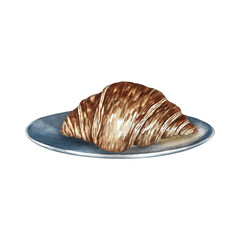Croissant on a saucer. French pastry. Hand-drawn watercolor illustration. Isolate. Color image. Crescent-shaped puff pastry. For menu and recipe design, labels, packaging, and more.