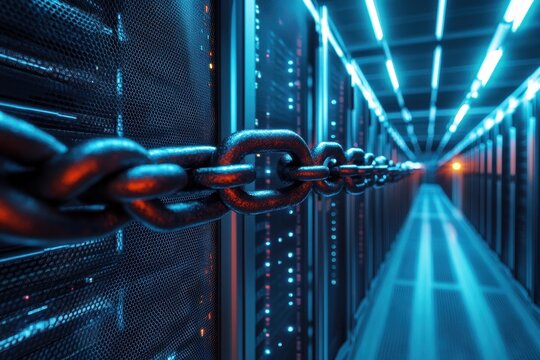 Data processing chain linking servers in a modern server room with futuristic lighting, data processing with chain over server room