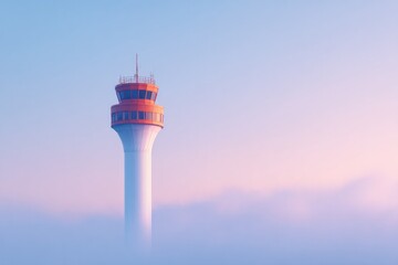 control tower in morning fog with clear sky above
