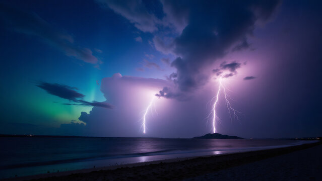 Dramatic Lightning Storm at Night Beach: Power of Nature, Coastal Scenery, and Weather Phenomenon. High-Resolution Stock Image.