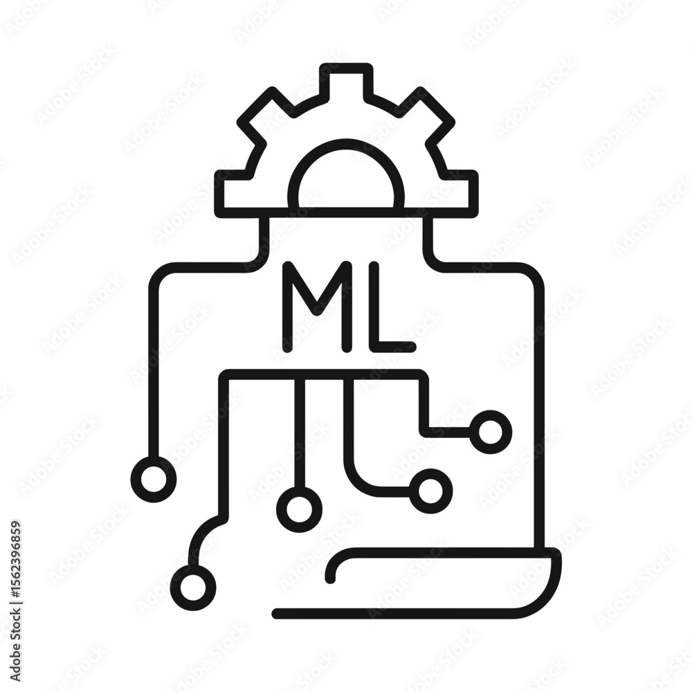 Poster machine learning concept with gears and circuit lines in minimalist style