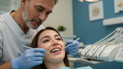 Experienced dentist treating young female patient in modern clinic — professional care and comfortable environment. - Powered by Adobe