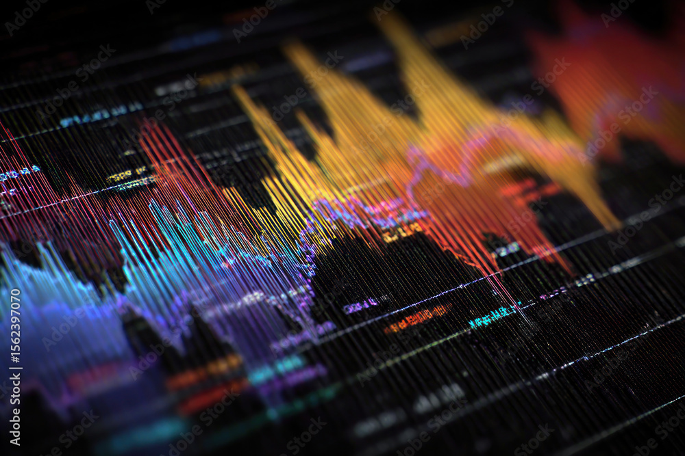 Fototapete digital waveforms display vibrant colors on a dark background, showcasing complex frequency analysis