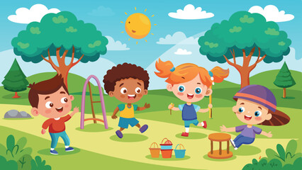 Playful Children Enjoying Sunny Day at Playground with Buckets and Equipment Illustration