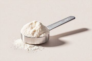 A metal cup holds white flour ready for baking in a well-lit kitchen environment, emphasizing cooking preparation