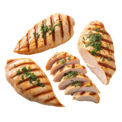Three grilled chicken breasts one sliced garnished with fresh parsley and herbs isolated on transparent background