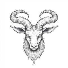 Black and white vector drawing of a goat's head, in a simple line art style isolated on a white background