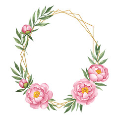 Oval gold geometric frame adorned with watercolor pink peonies and green leaves on a transparent background. Ideal for wedding invitations, greeting cards, or elegant designs.