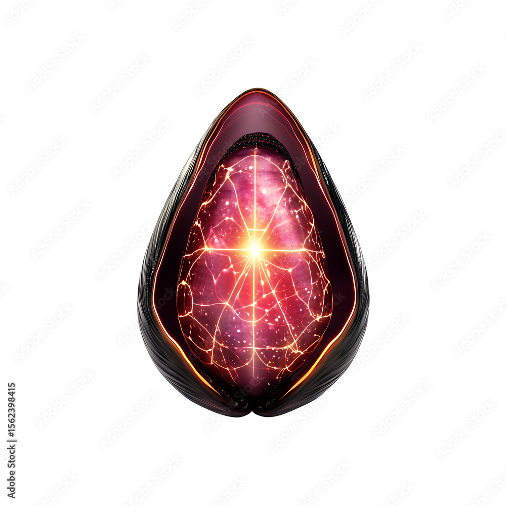 Poster glowing brain within metallic egg shell abstract digital art